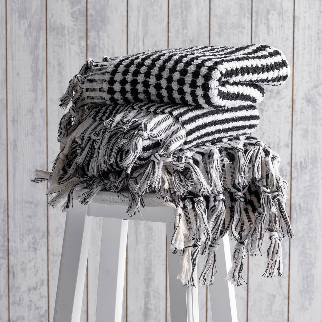 Turkish Terry Hand/Hair Towel - Black and White Pompom