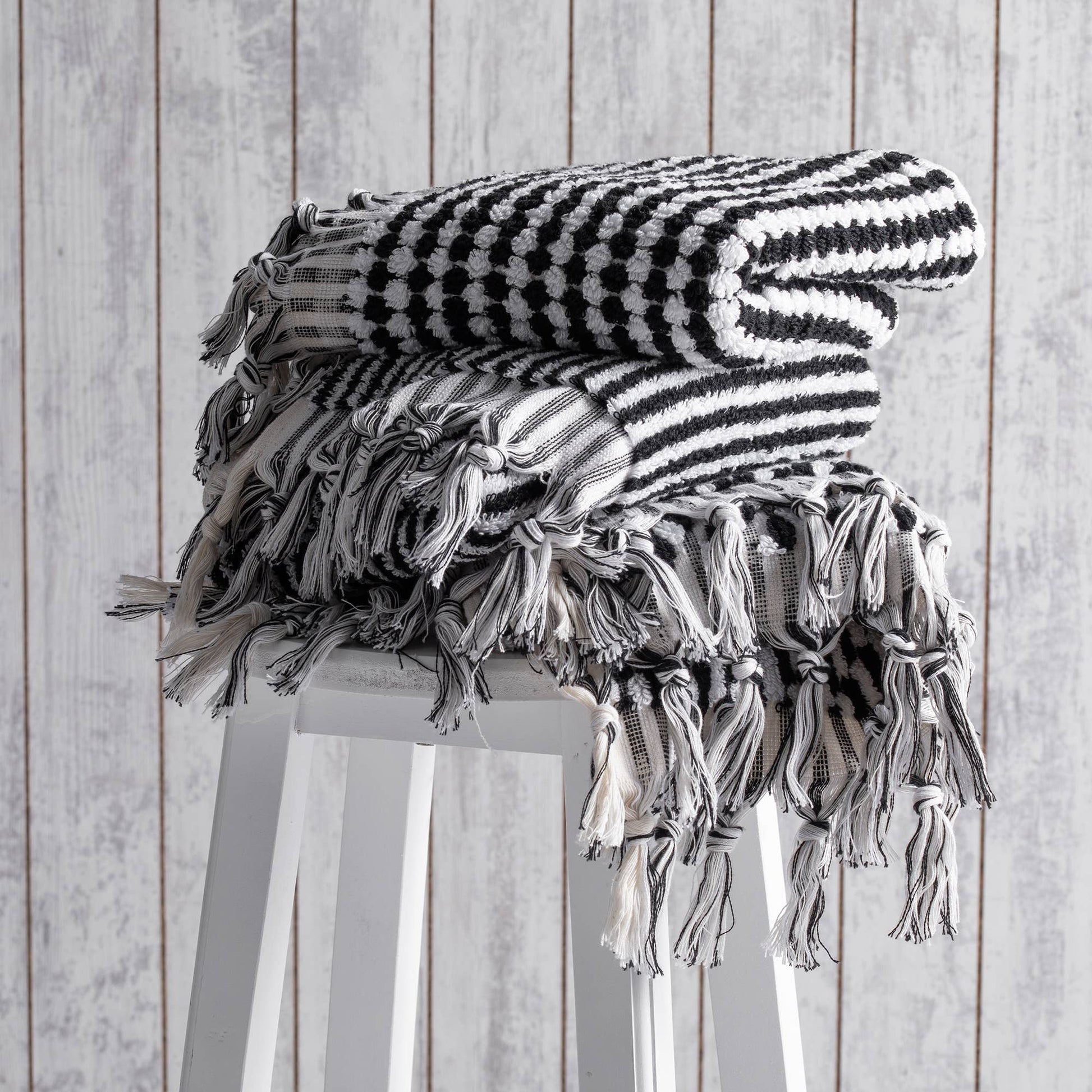 Turkish Terry Hand/Hair Towel - Black and White Pompom