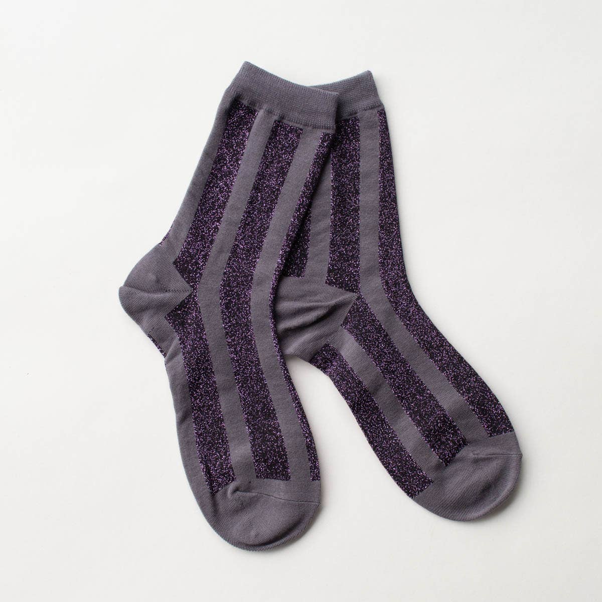 Glitter Vertical Striped Crew Socks - Grey and Purple