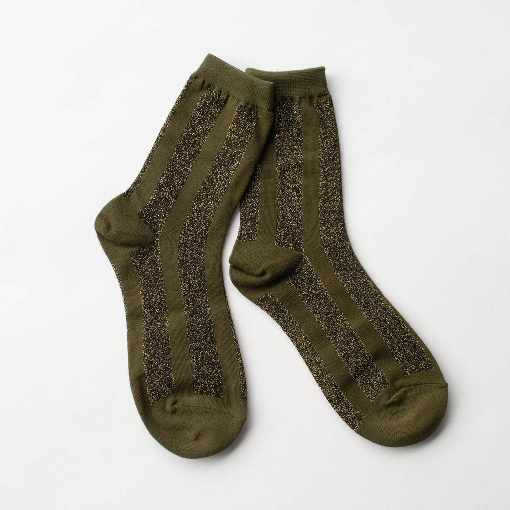 Glitter Vertical Striped Crew Socks - Olive