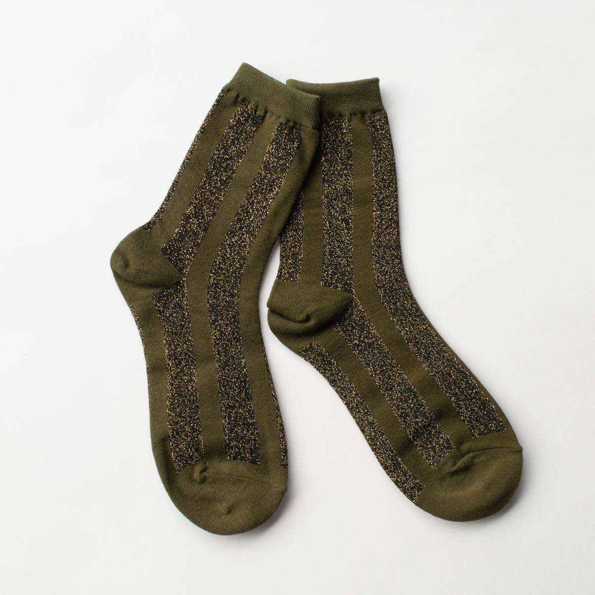 Glitter Vertical Striped Crew Socks - Olive