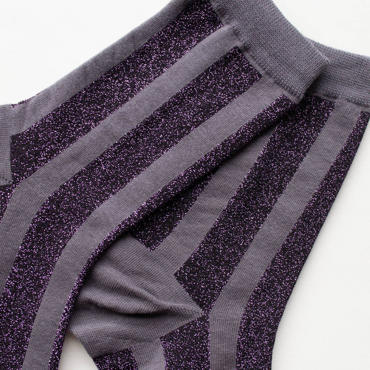 Glitter Vertical Striped Crew Socks - Grey and Purple