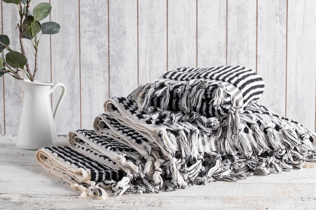 Turkish Terry Hand/Hair Towel - Black and White Stripe
