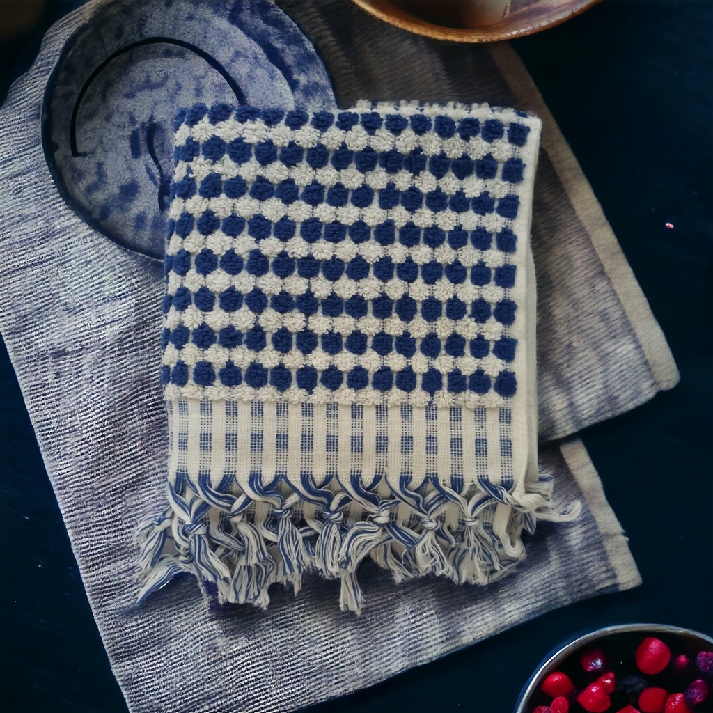 Turkish Terry Hand/Hair Towel - Black and White Pompom